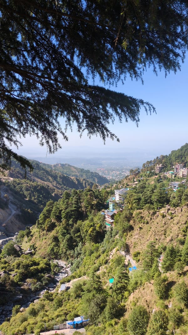 Hiker documents scenic mountain trail journey through Bhagsu, Haini India