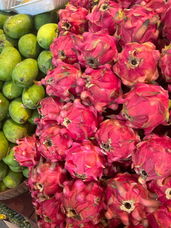 Woman documents morning selfies and fruit shopping in North Kuta