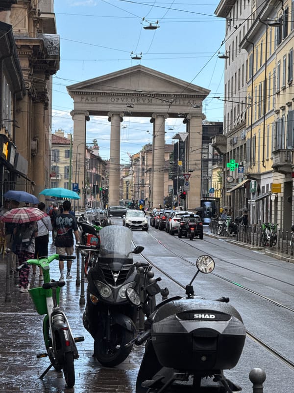 Rainy afternoon street life documented in central Milan