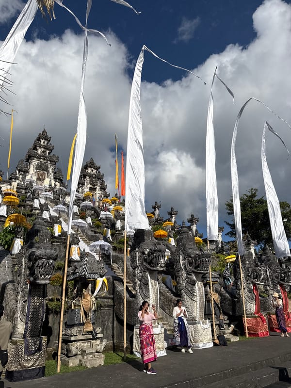 Temple, mountains, and local roads in Abang, Bali