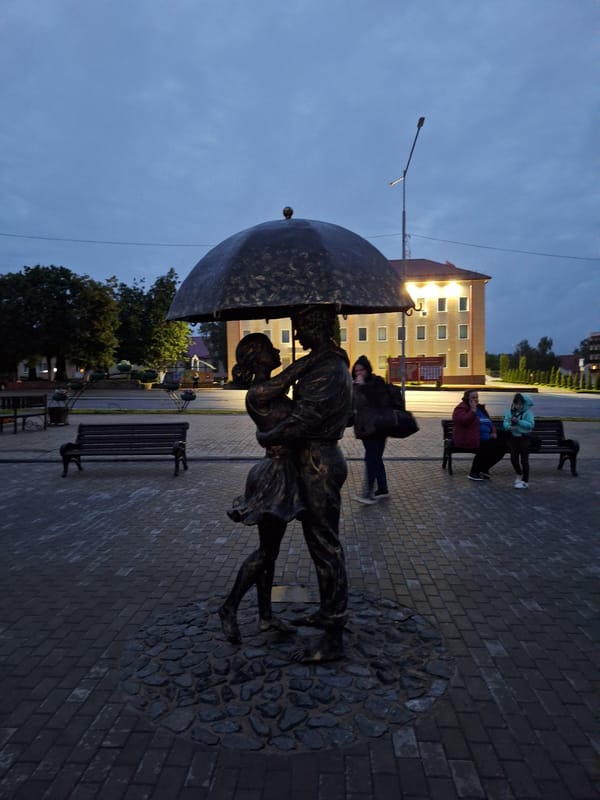 Evening documentation of public art and fountains in Kapyĺ, Belarus