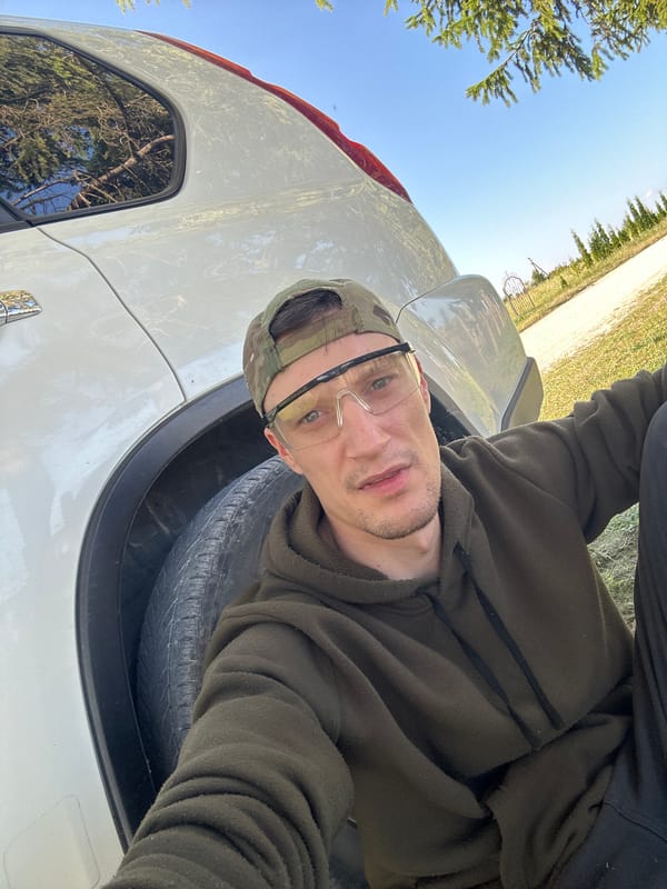 Series of selfies near a white SUV in Makiv, Ukraine