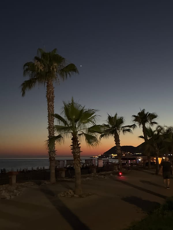 Sunset to night along the palm-lined coast of Alanya