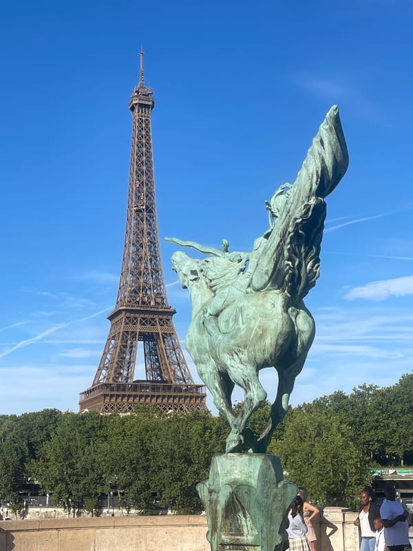 Eiffel Tower on a clear July afternoon, multiple perspectives
