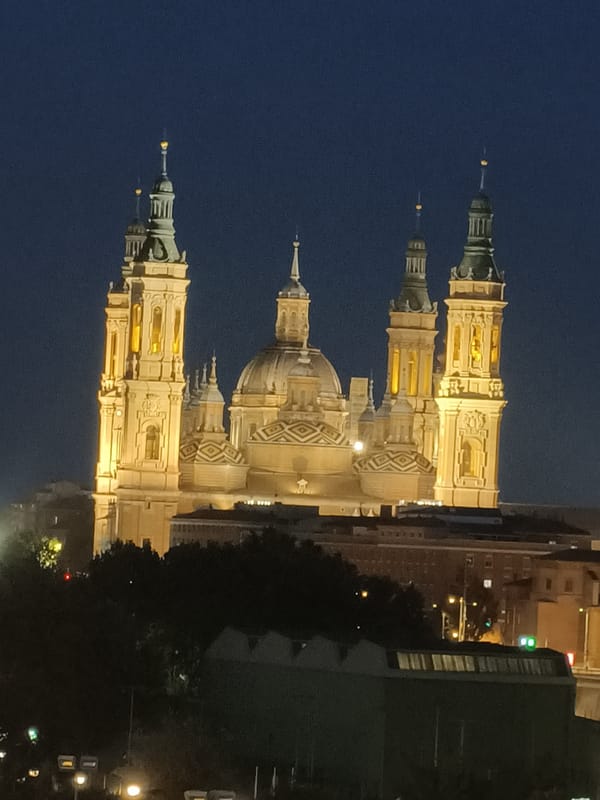 Zaragoza's Basilica of Our Lady of Pillar photographed at night