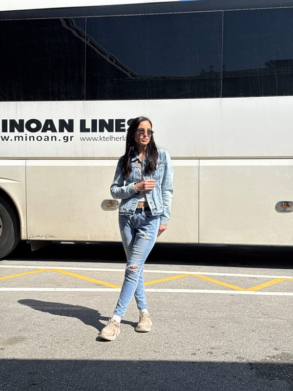 Woman photographed at bus stop and nail salon in Chania