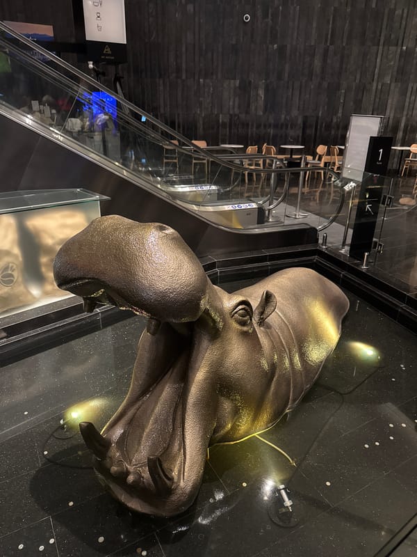 Bronze hippo sculpture spotted near coffee display in Bangkok