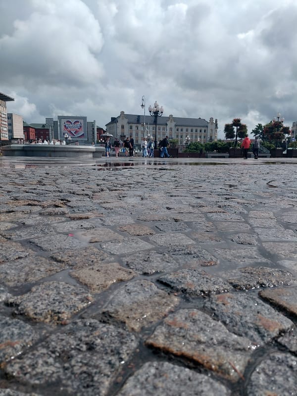 Rainy city afternoon: streets, fountains, and neon-lit interiors