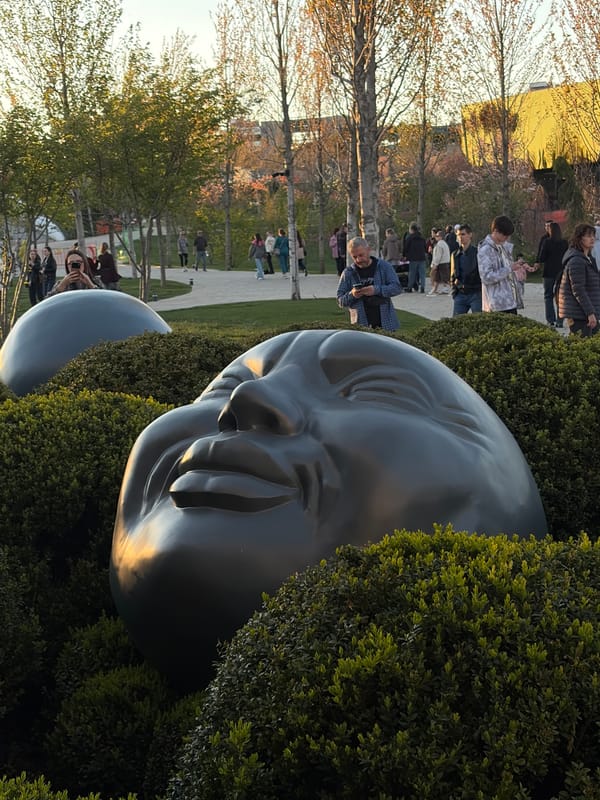 Gray head sculptures spotted among bushes at Krasnodar Park
