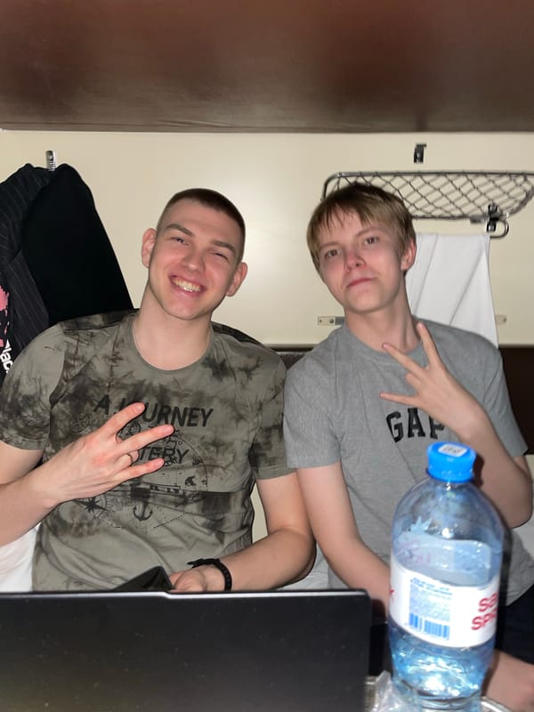 Two friends pose for photo in train car