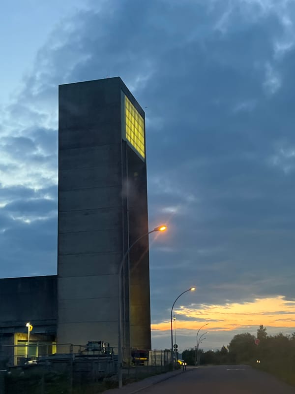 Concrete structure photographed at night in Leudelange, Luxembourg