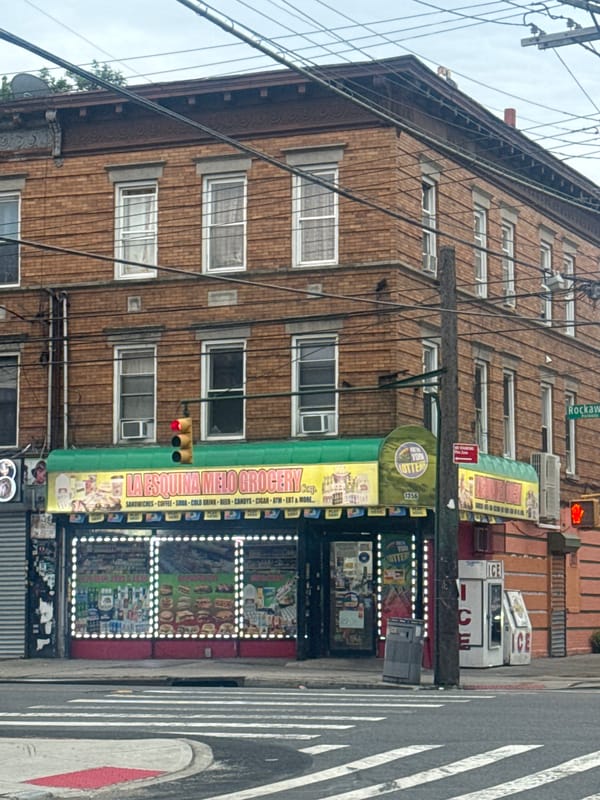 Quiet corner of Queens: bodegas, red lights, overcast morning