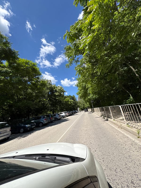 Drive through tree-lined streets and outskirts of Vratsa, Bulgaria