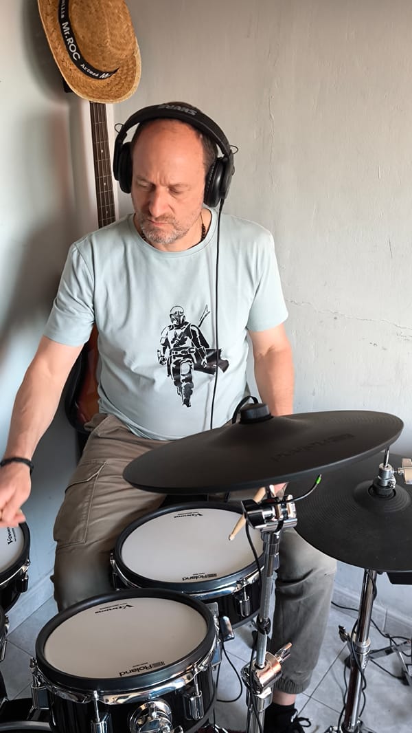 Band rehearses in home studio in Ripollet, Spain