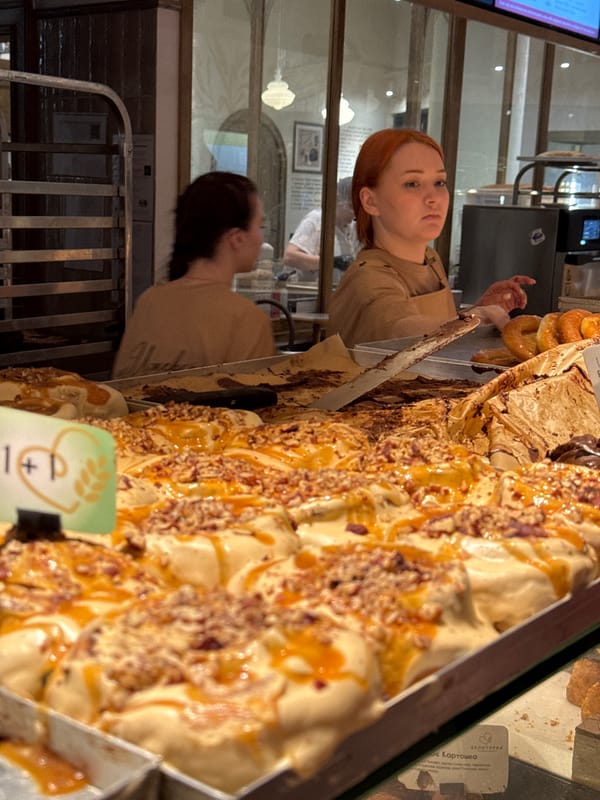 Bakery observations recorded in Izhevsk, Russia show pastry displays