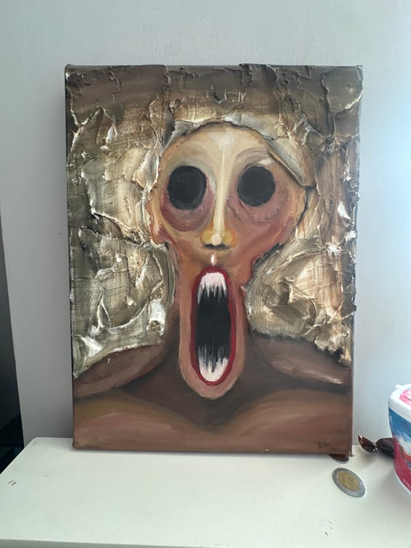 Art studio session features woman and grotesque paintings
