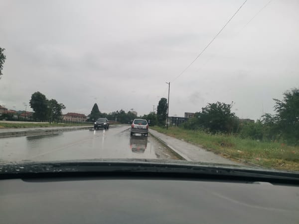 Morning rain creates wet road conditions in Ihtiman, Bulgaria