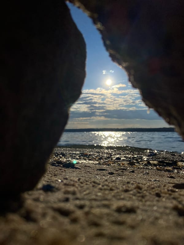 Sunny afternoon along a rocky, sandy shoreline