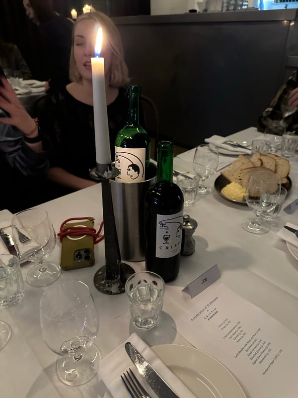 Evening dinner gathering at London restaurant features formal dining, wine