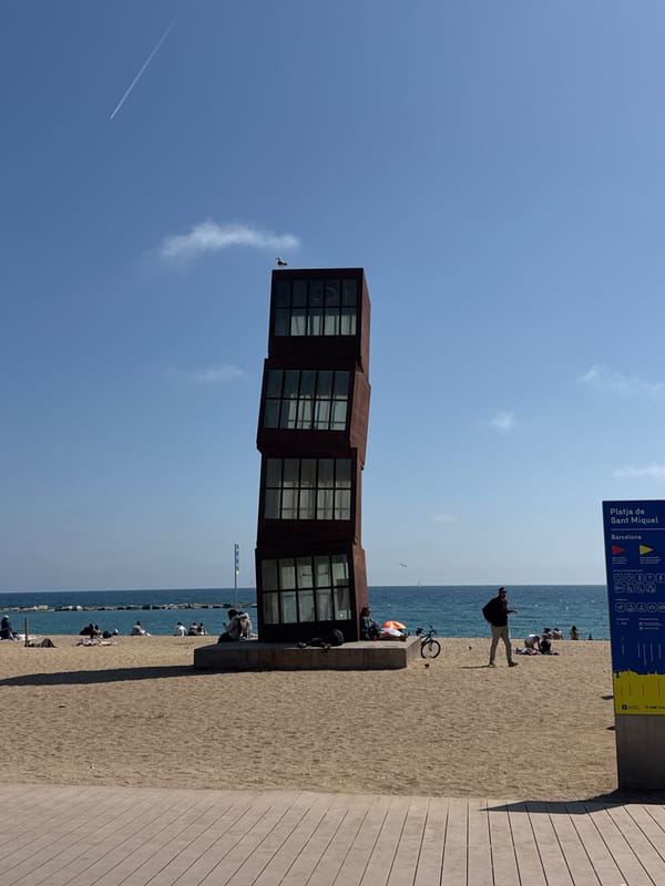Barcelona beachfront promenade activity documented on sunny April morning