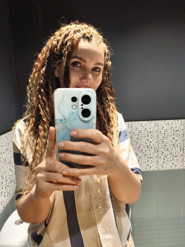 Woman in striped shirt photographed across multiple indoor locations