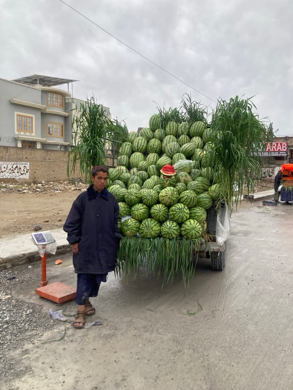 Street vendor sells watermelons from cart in Quetta
