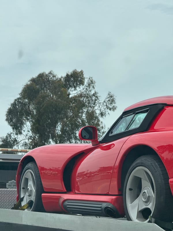 Red Dodge Viper sports car spotted on trailer in Los Angeles