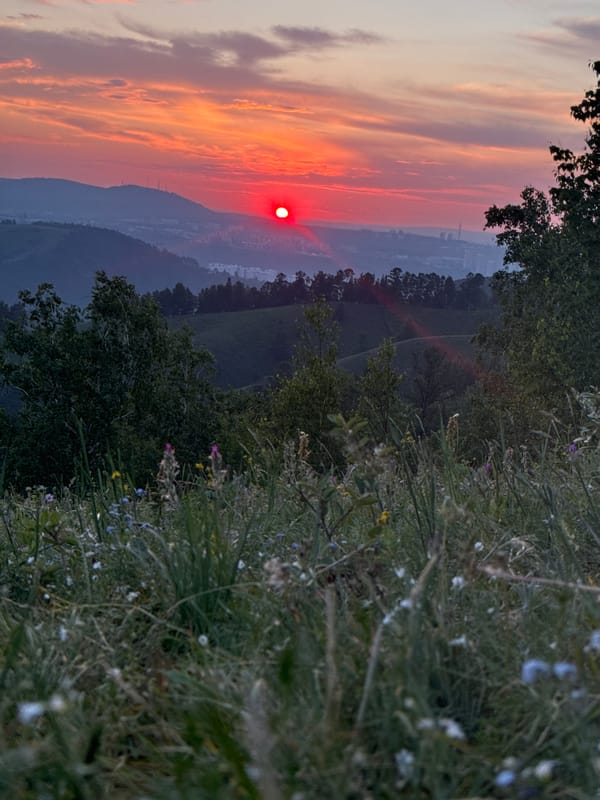 Sunset documented over Krasnoyarsk from hillside meadows June 10