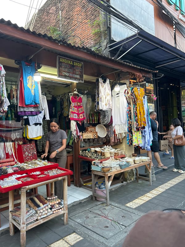 Browsing crystals, books, and gems along Ubud's main strip