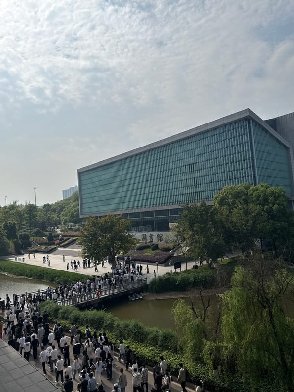 Large crowd walks past modern library in Jiangjin