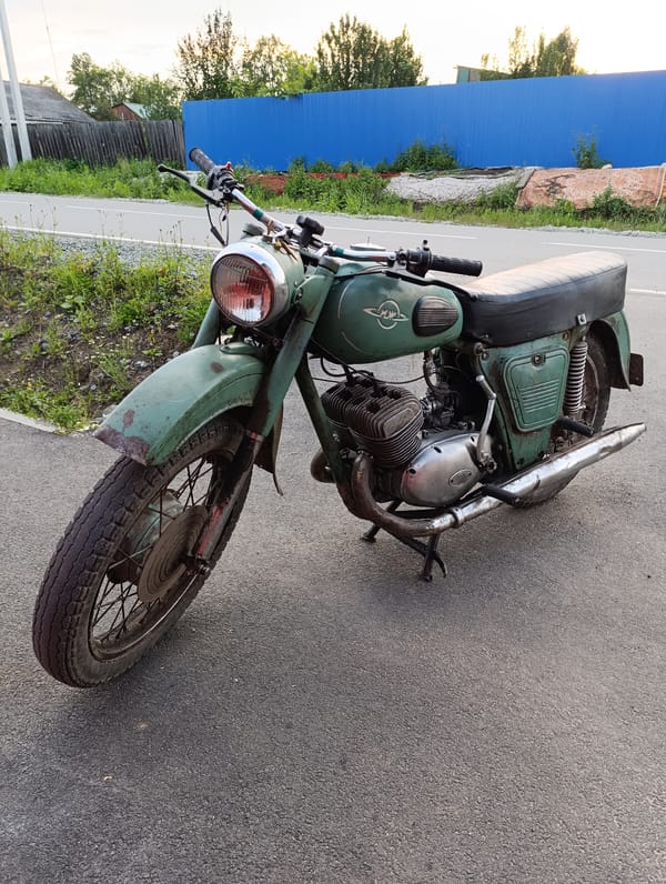 Vintage Irbit motorcycle parked and photographed up close