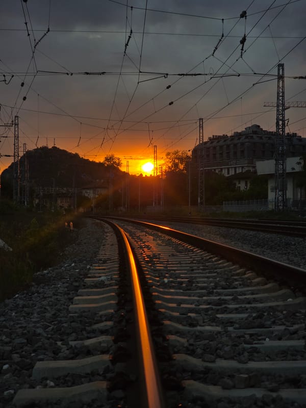 Railway sunset captured in vertical photograph, Plovdiv Bulgaria