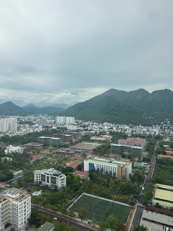 Aerial views of a tropical coastal city against green mountains
