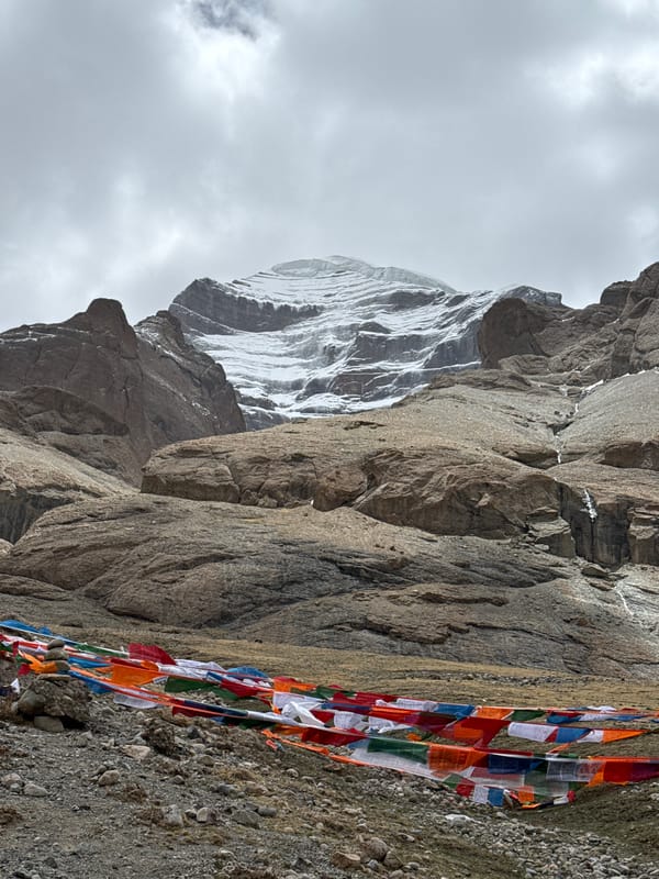 Mountain landscape with prayer flags photographed in Parga, China