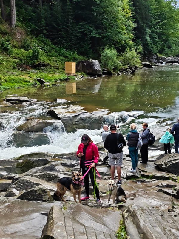 Summer crowds gather along Yaremche's Prut River rapids
