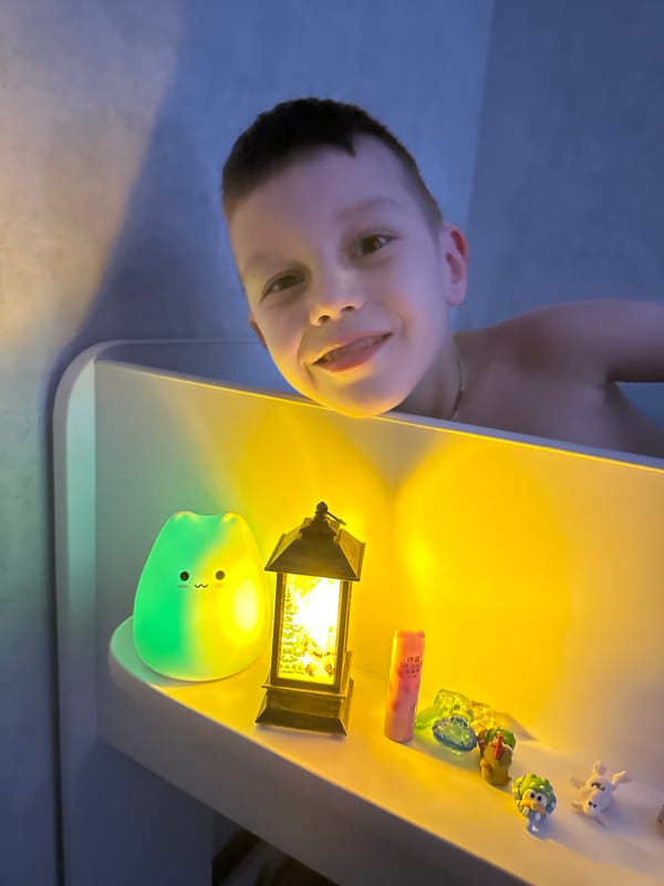 Child's bedtime routine captured in colorful Tomilino bedroom