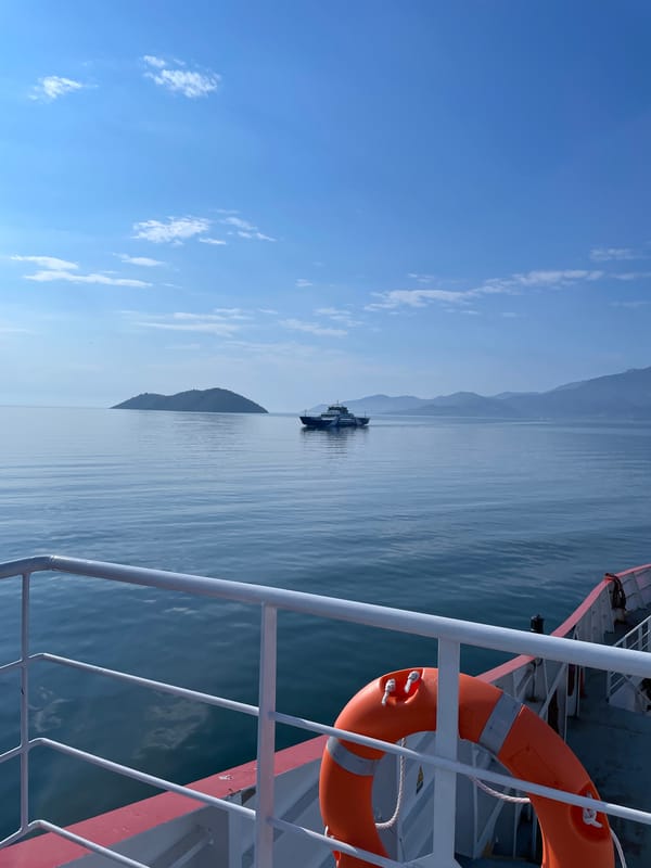 Ferry passenger captures morning Aegean Sea views near Keramoti