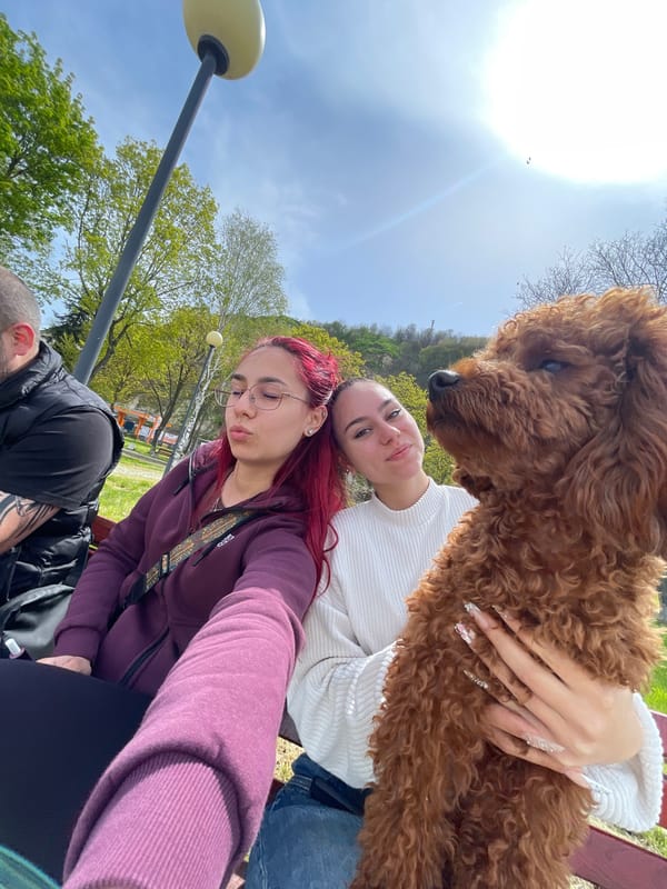 Three people with dog gather on park bench in Nikopol