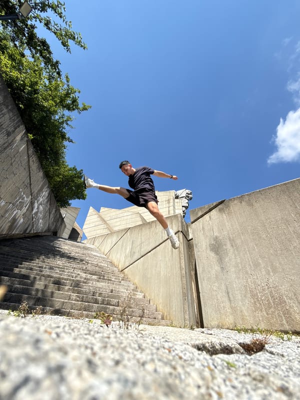Parkour session at Shumen's brutalist monuments, Bulgaria