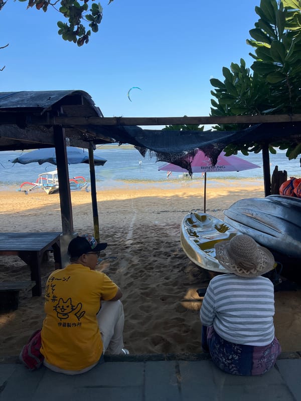 Busy morning on a Denpasar beach, water to shore.