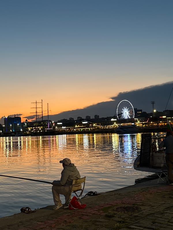 Evening fishing and social gathering observed at waterfront promenade