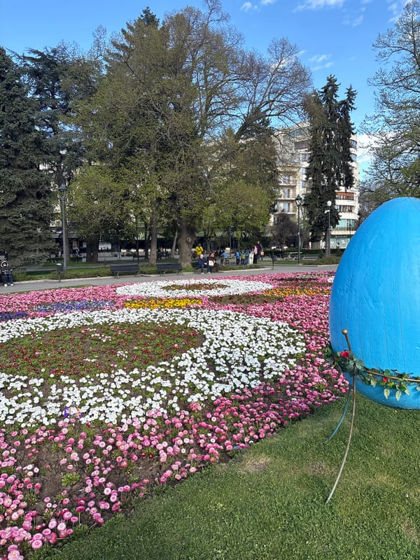 Colorful flower bed with blue sculpture spotted in Ruse park