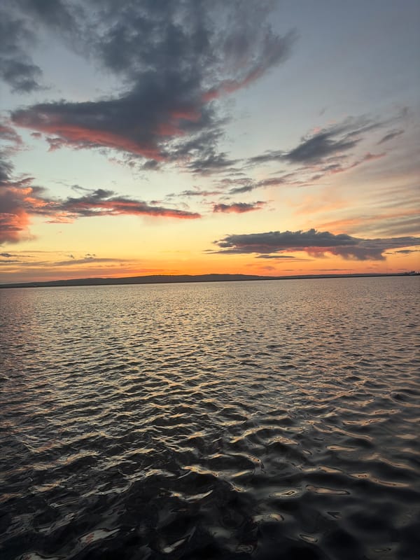 Dramatic sunset with pink-orange clouds witnessed over urban waterfront