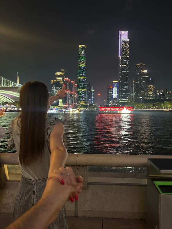 Guangzhou landmarks illuminated at night in Haizhu District