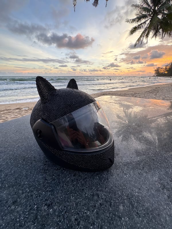 Cat-eared helmet and a palm-fringed sunset beach scene
