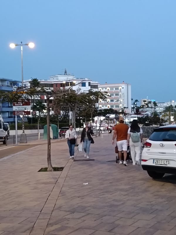 Two women walk together at dusk in San Bartolomé