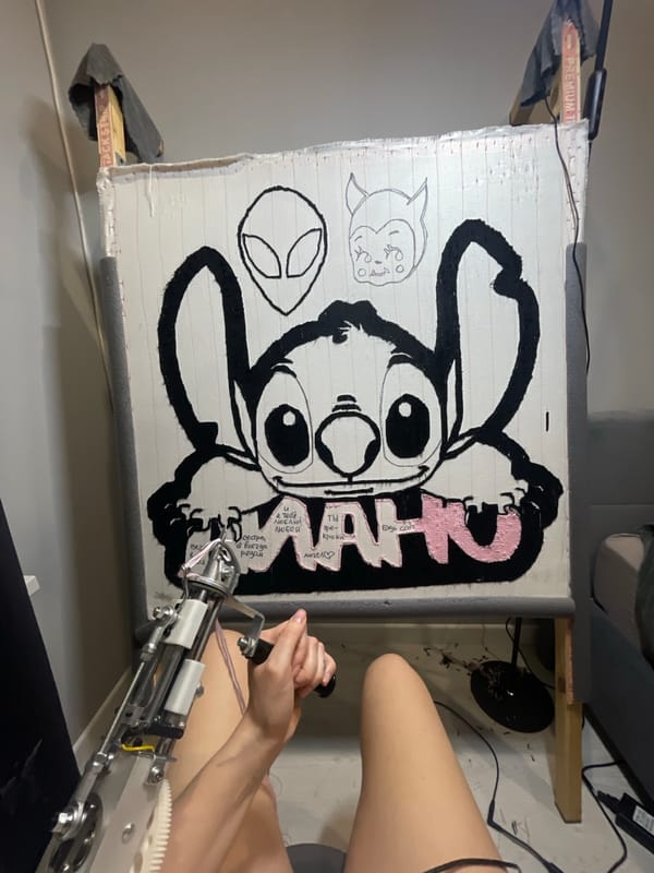 Disney Stitch tufting craft project underway in Russian home