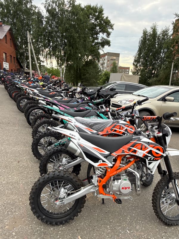 Dirt bikes gather outside motorcycle dealerships in Votkinsk, Russia