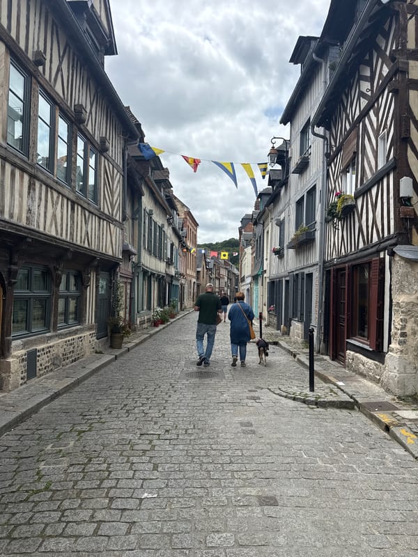 Tourist explores historic Honfleur harbor and medieval streets