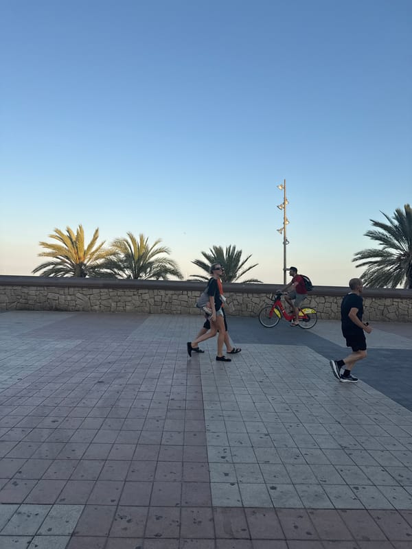 Barceloneta beachfront on a clear summer evening